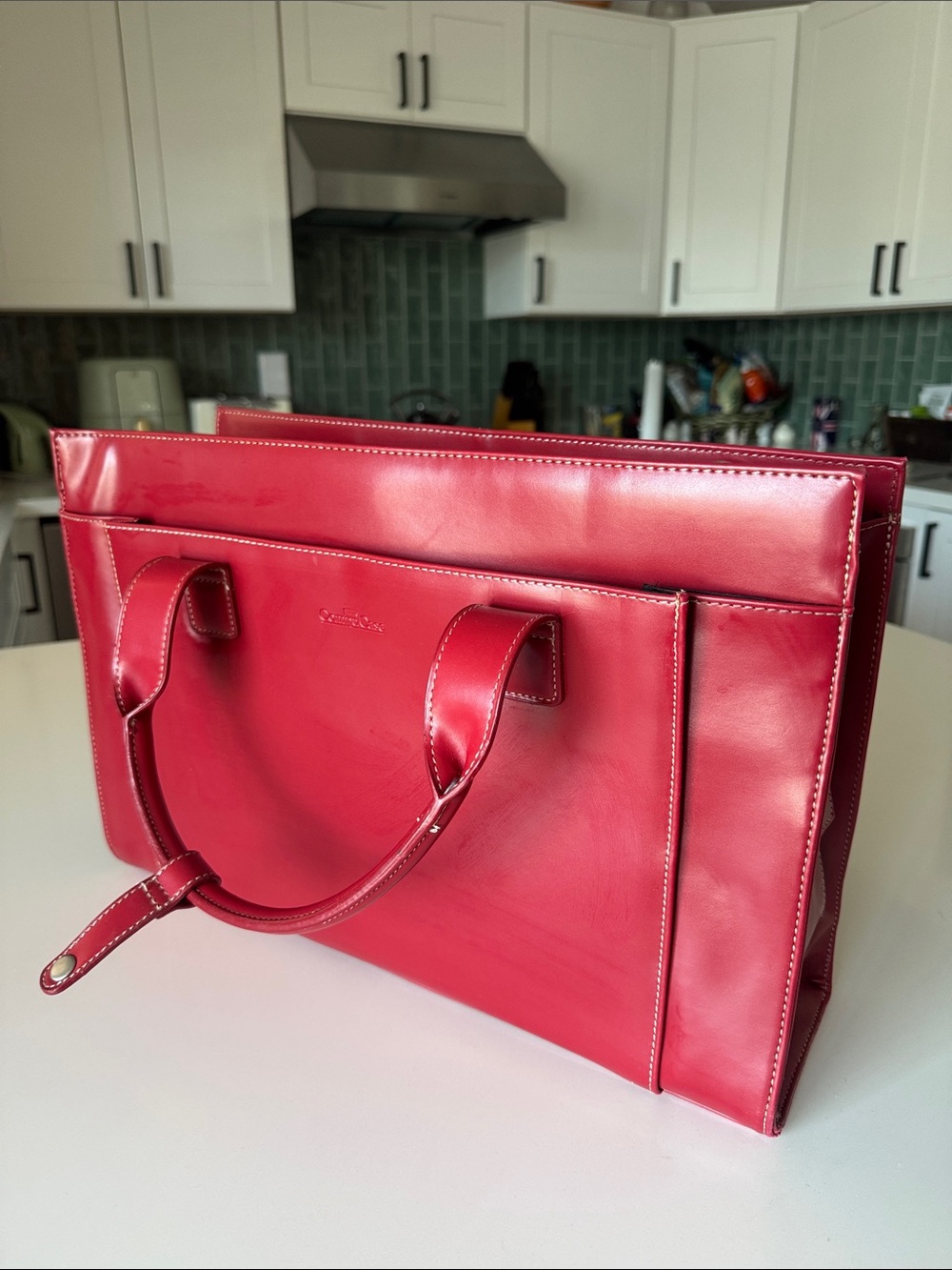Red Leather Structured Tote Bag by Unbranded